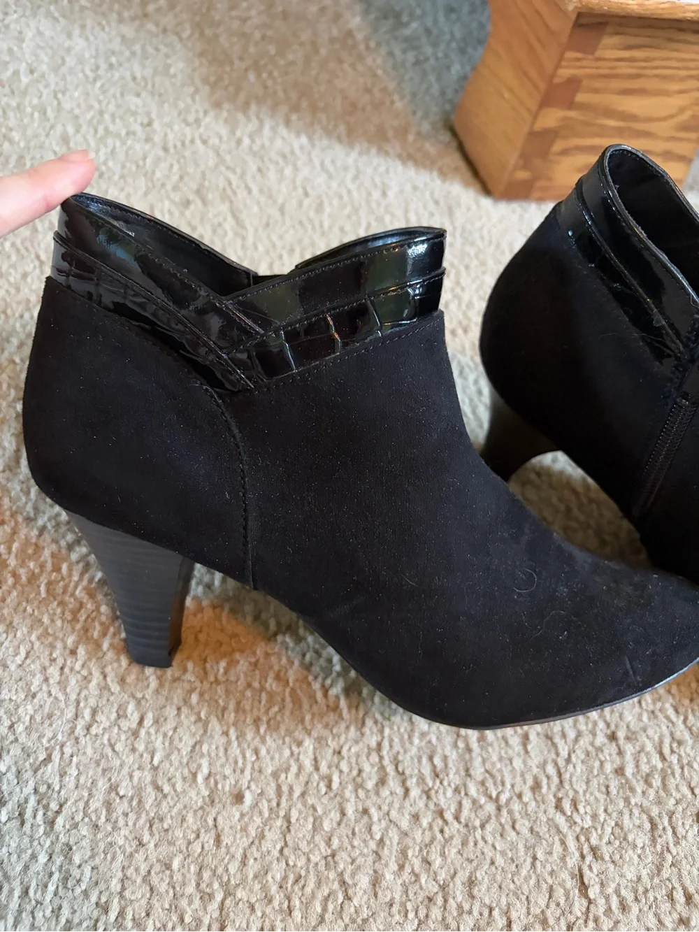 Women's Black Suede Ankle Booties with Patent Trim